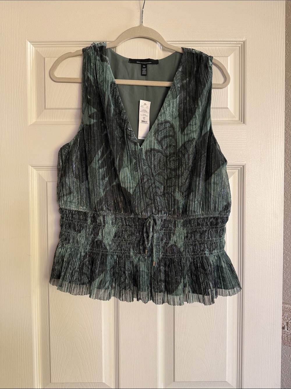 White House Black Market Green Pleated V-Neck Drawstring Peplum Camisole